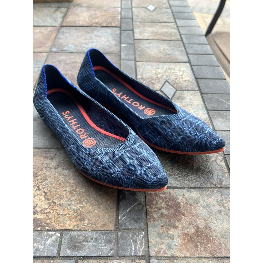 Rothy’s The Flat Indigo Gingham Retired Women’s Size 6.5 pointed toe luxury